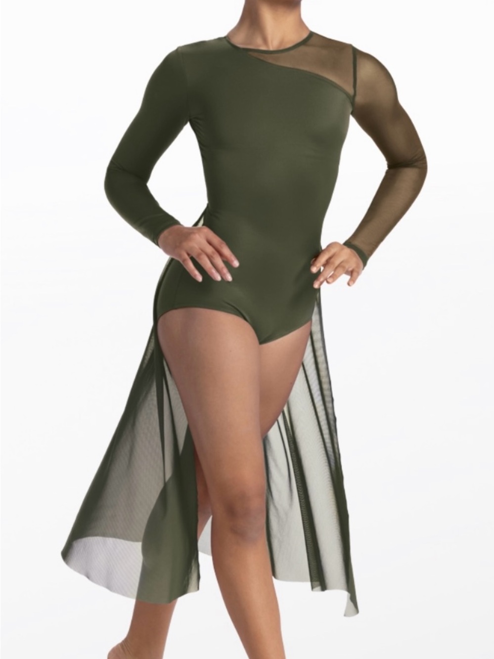 balera Olive Mesh Long-Sleeve Dance Leotard with Flowing Skirt